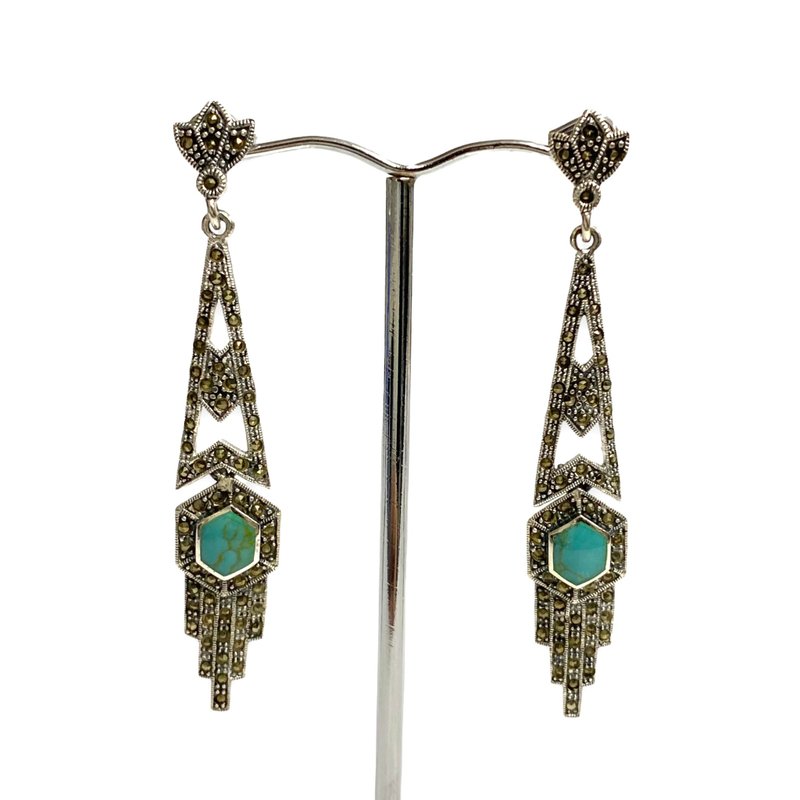 Art Deco Style Turquoise and Marcasite Set Pendant Earrings 925 Sterling Silver - 耳環/耳夾/耳骨夾 - 純銀 銀色