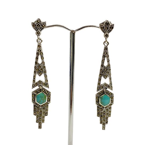 alisadesigns Art Deco Style Turquoise and Marcasite Set Pendant Earrings 925 Sterling Silver