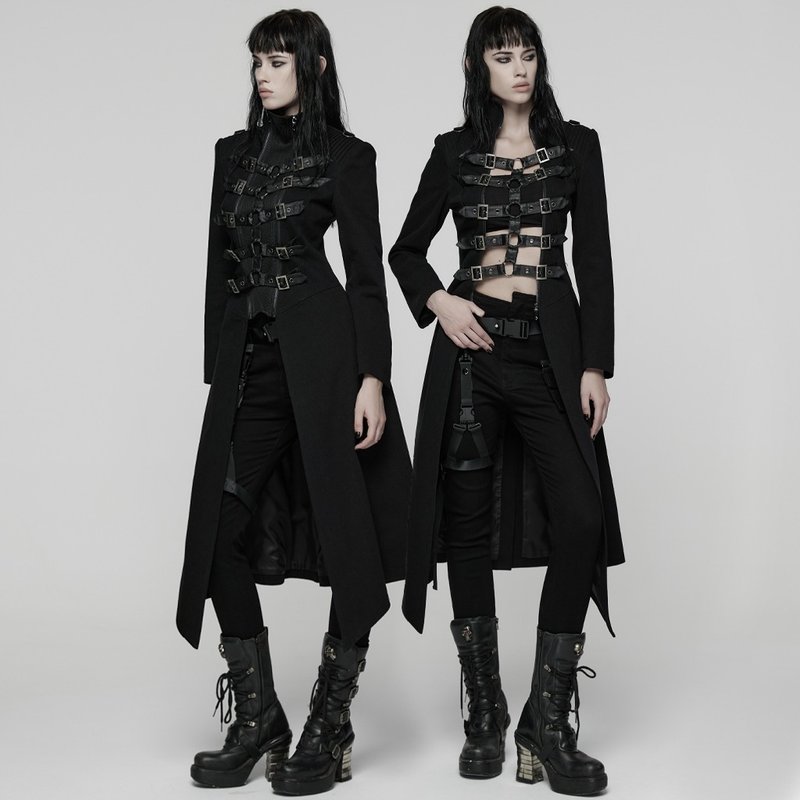龐克捉鬼人骸骨形雙拉鍊長外套 - 女大衣/外套 - 其他材質 黑色