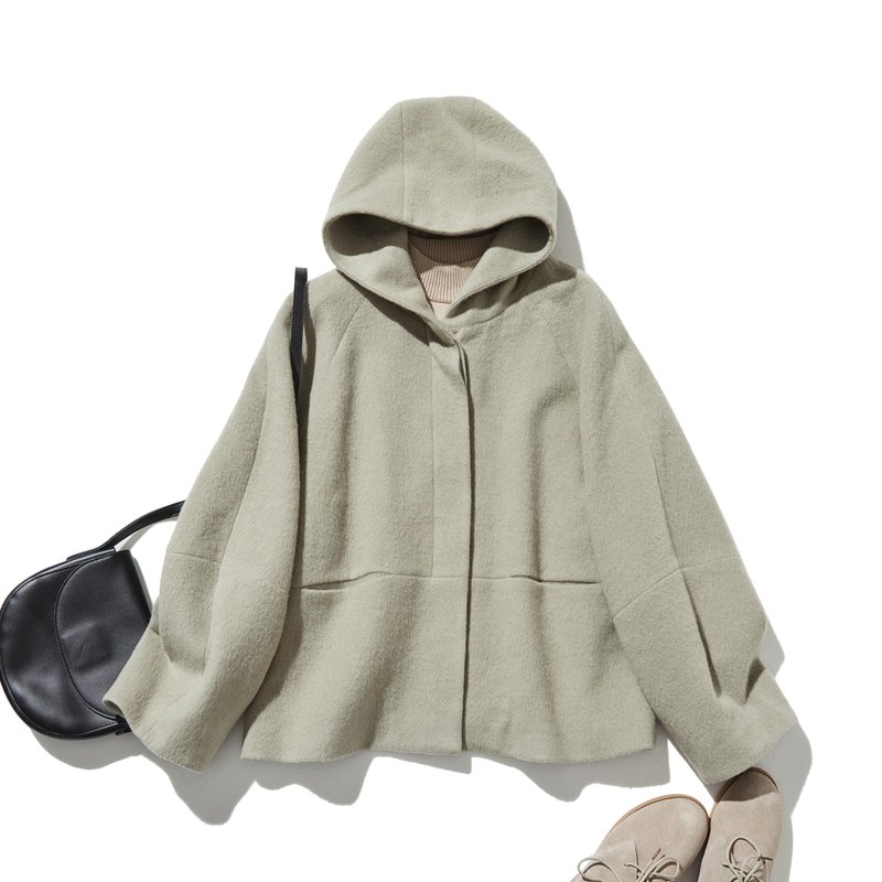 冬のファッションの頼もしい一枚に フード付きハーフコート　ショートコート　薄緑色　251011-3 - ジャケット - ウール グリーン