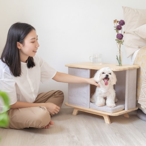 BeHoomie 寵物友善家居設計 亞麻布 原木寵物窩 / 邊桌