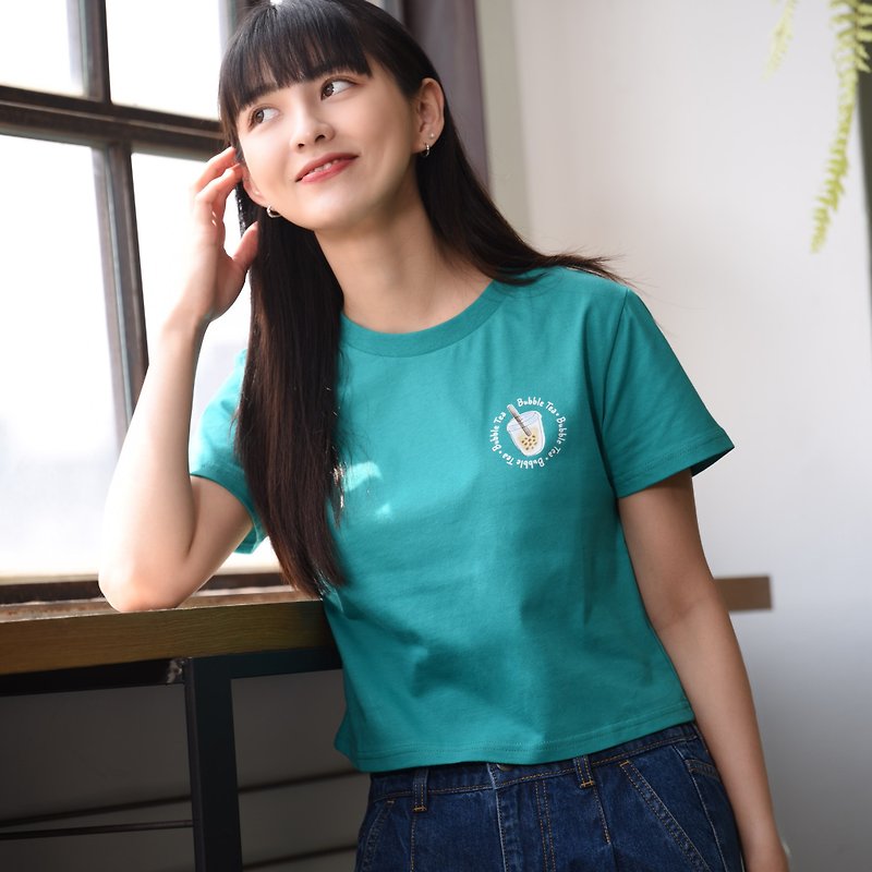 【BOBA BABY TEE】Taiwan Foodie Series ‧ Teal Green ‧ Ultra Soft Cottony - Women's T-Shirts - Cotton & Hemp 
