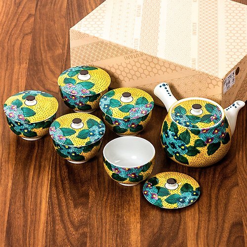 日本药师窑 日本進口九谷燒手工側把壺泡茶壺紫陽花帶蓋茶具套裝一壺五杯禮盒