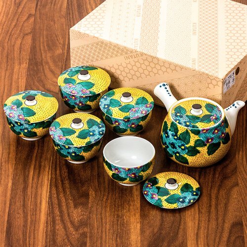 日本藥師窯 日本進口九穀燒手工側把壺泡茶壺紫陽花帶蓋茶具套裝一壺五杯禮盒