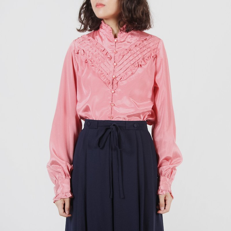 [Egg Plant Ancient] Wild Raspberry Songs Seiko Solid Color Vintage Shirt - เสื้อเชิ้ตผู้หญิง - เส้นใยสังเคราะห์ สึชมพู