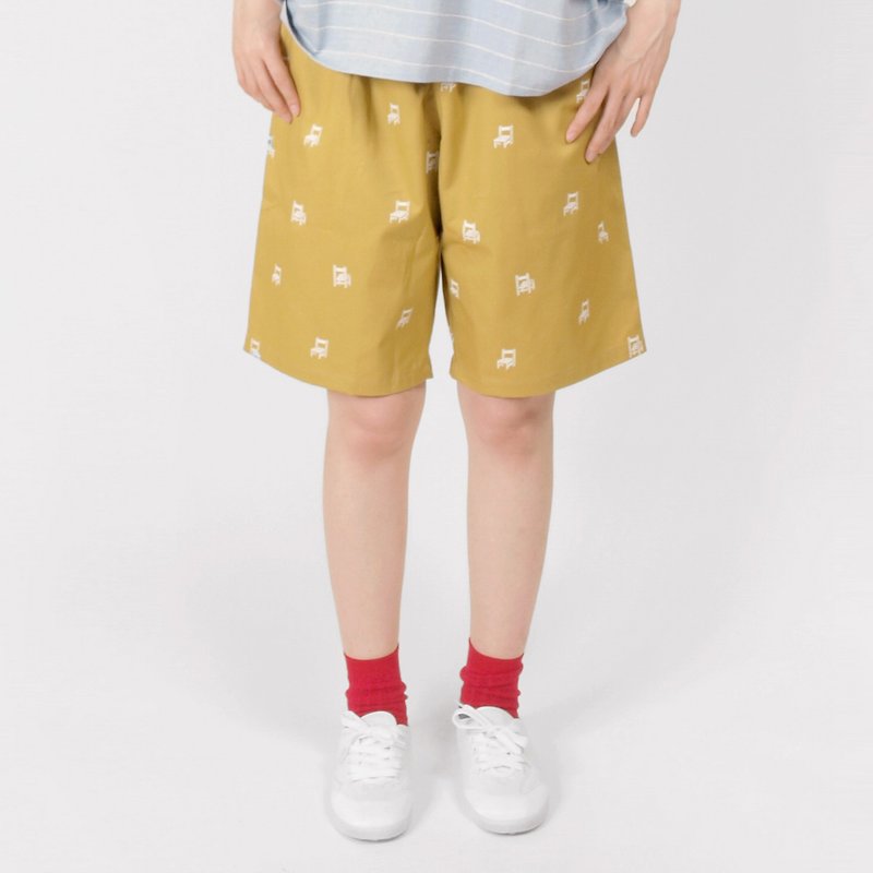 Pupils desks and chairs / 绢 printed loose five pants - khaki - Women's Pants - Polyester Yellow