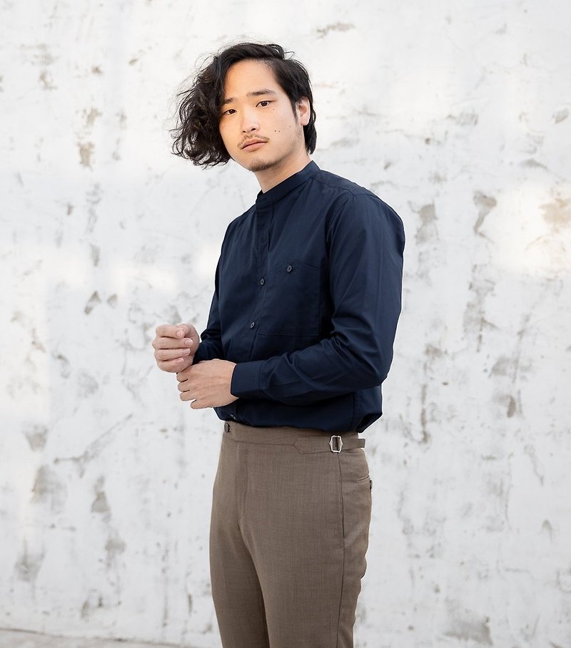 Navy shirt with stand up collar - 男裝 恤衫 - 棉．麻 藍色