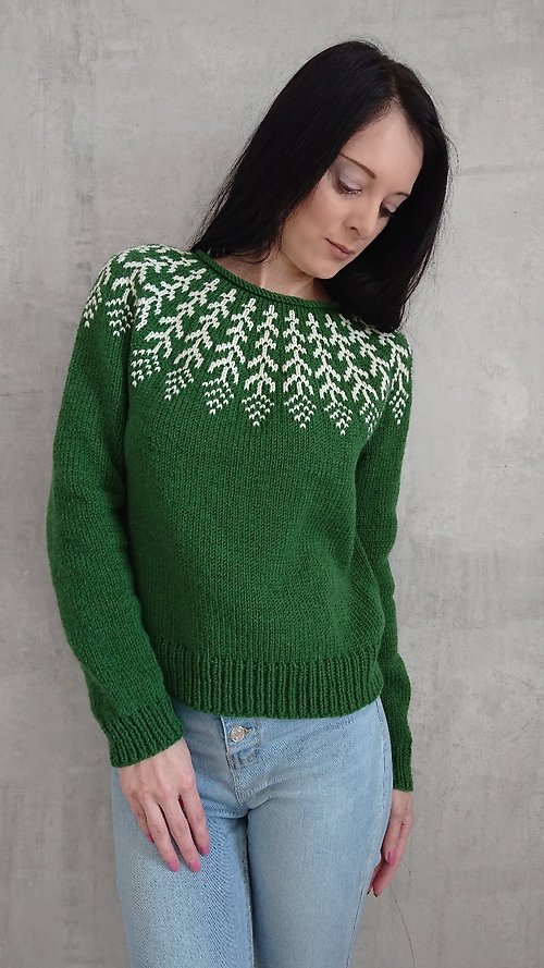 Scarlet Sails Shop Jacquard sweater Green wool sweater Christmas sweater Women's knitted sweater