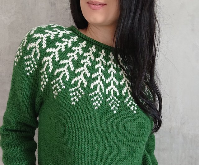 ジャカードセーターグリーンウールセータークリスマスセーター女性用