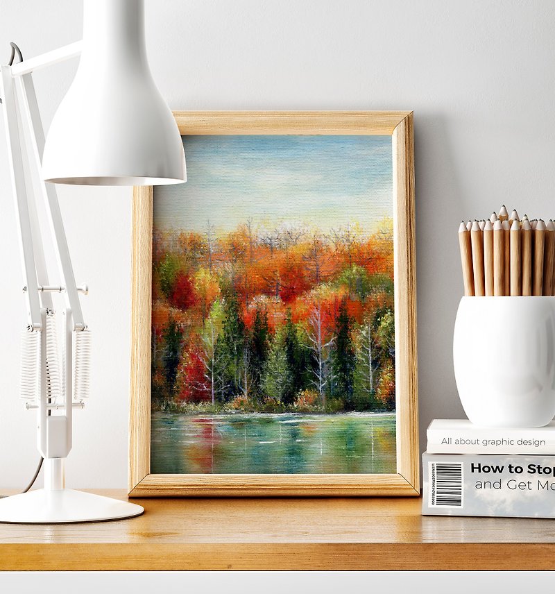 【秋の色合い】限定版プリント。湖畔の秋の季節の森の風景。 - ポスター・絵 - 紙 