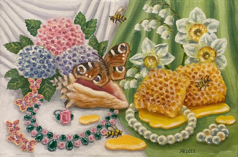 Honey Bee, original oil painting, oil on canvas, jewellery, flowers, still-life - 壁貼/牆壁裝飾 - 其他材質 多色