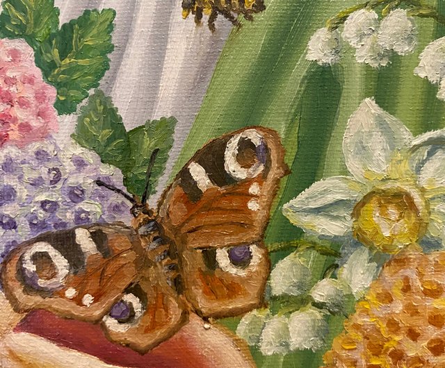 キャンバス油絵専用赤いお花とみつばち