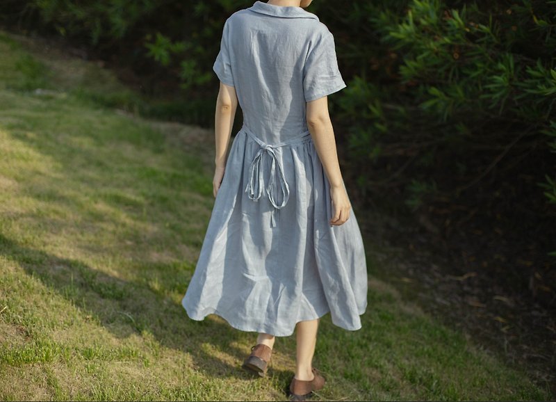 French Retro High Waist Sandwashed Linen Dress - ชุดเดรส - ผ้าฝ้าย/ผ้าลินิน สีน้ำเงิน