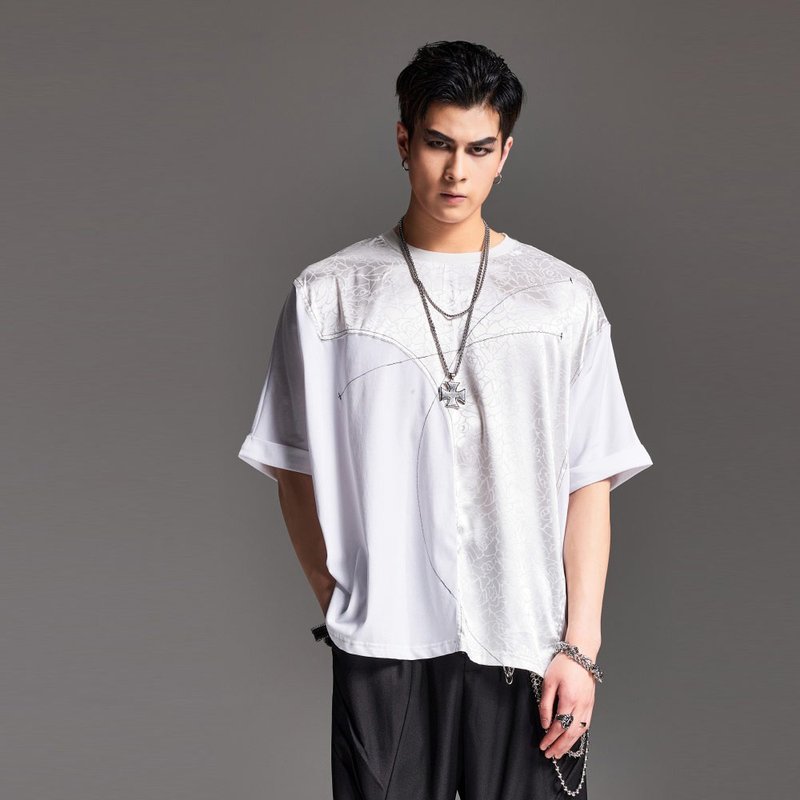 Cut the soul series men loose jacquard cloth short sleeve T-shirt - เสื้อยืดผู้ชาย - ผ้าฝ้าย/ผ้าลินิน 