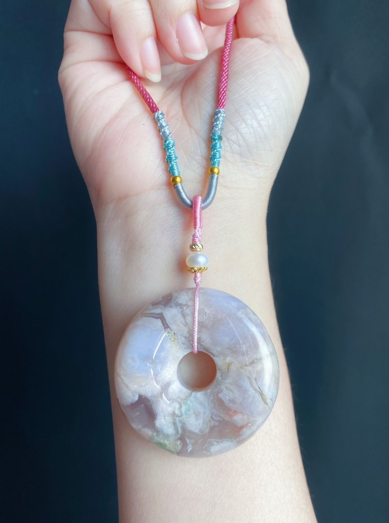 櫻花瑪瑙 春天 奶油平安扣 珍珠 項鍊 禮物 天然石 生日 - 項鍊 - 水晶 粉紅色