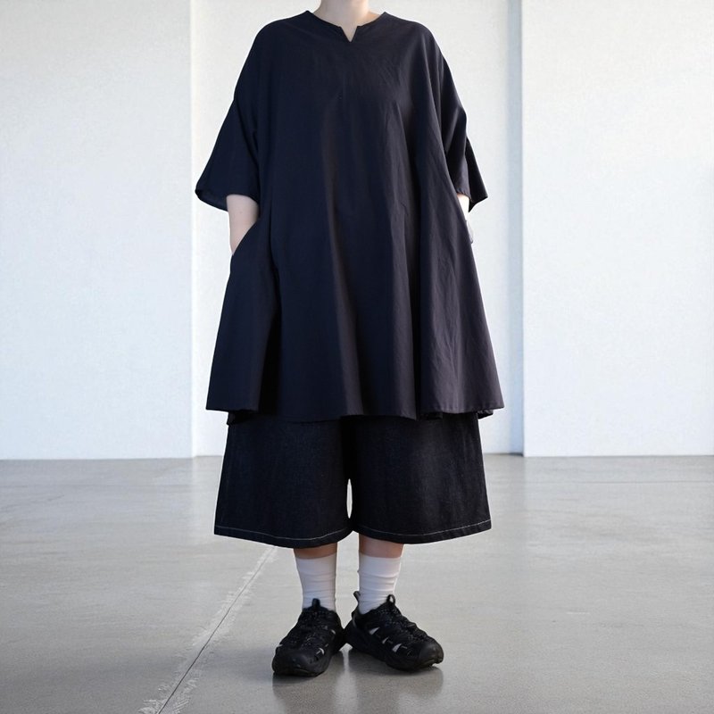 小開領素黑薄款傘狀洋裝 - 洋裝/連身裙 - 棉．麻 黑色