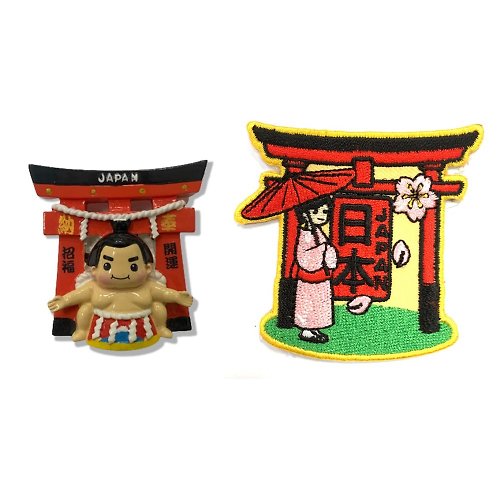 A-ONE 招福開運相撲 Sumo旅遊磁鐵+日本 和服少女鳥居臂章【2件組】紀