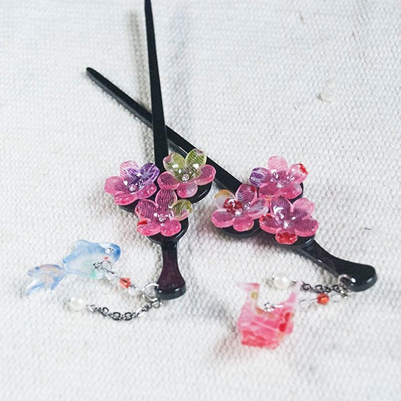 Swimming wings, three cherry hairpins, hairpin-pink - Hair Accessories - Acrylic Pink