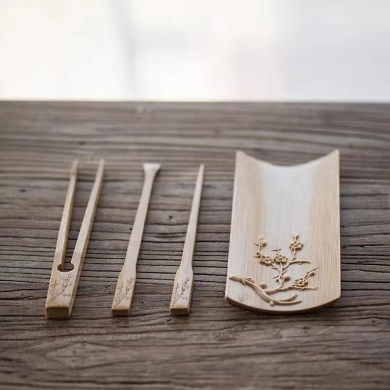 Hearing|The four-piece bamboo set, carved plum blossom, natural bamboo tea, tea clip, tea needle, tea spoon, tea ceremony spare parts - Teapots & Teacups - Bamboo 