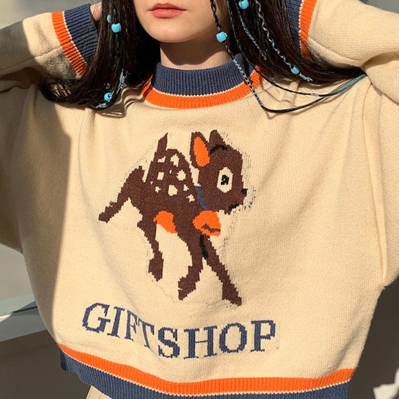 ヴィンテージフォーンプリントルーズニットセーター - ニット・セーター - その他の化学繊維 