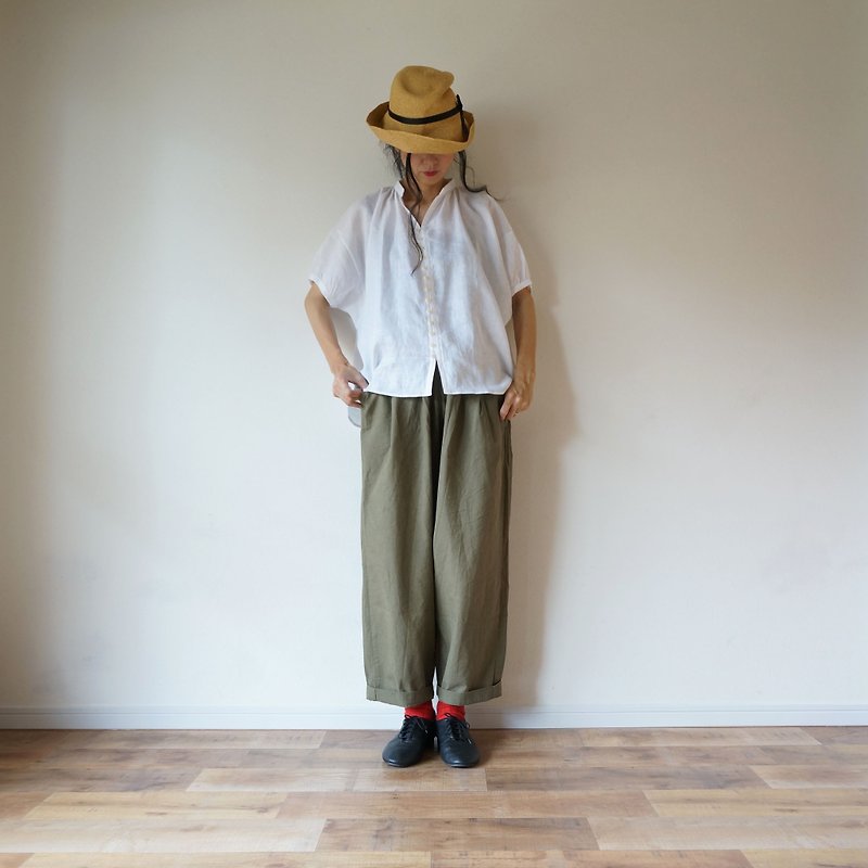 French Linen blouse short sleeve ladies OFF / W (plain) - เสื้อเชิ้ตผู้หญิง - ผ้าฝ้าย/ผ้าลินิน ขาว
