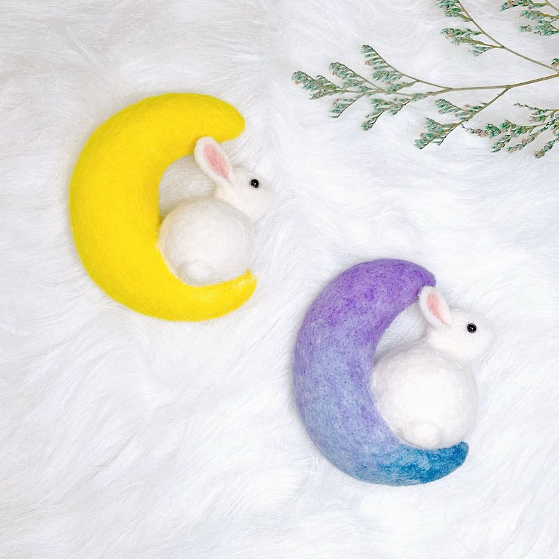 White Rabbit on the Moon - Rabbit Wool Felt Magnet - Magnets - Wool White