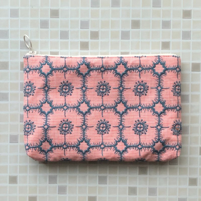 Large cosmetic pouch with pocket, handmade, sophisticated design, embroidered flower lover, mina perhonen anemone - Toiletry Bags & Pouches - Cotton & Hemp Pink