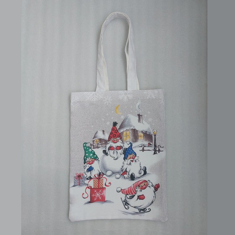 Reusable bags, eco friendly, beautiful soft linen bag, Christmas dwarves - กระเป๋าถือ - ผ้าฝ้าย/ผ้าลินิน ขาว