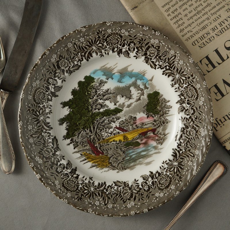 Vintage English ironstone dinner plate made by W. H. Grindle - จานและถาด - ดินเผา หลากหลายสี