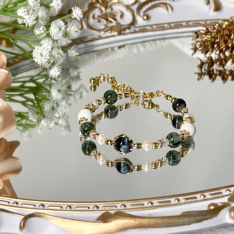 Wizard of Oz Elf Bracelet-Eagle Eye Stone, Pearl, White Turquoise, Green Green Hair, White Crystal - สร้อยข้อมือ - คริสตัล สีเขียว