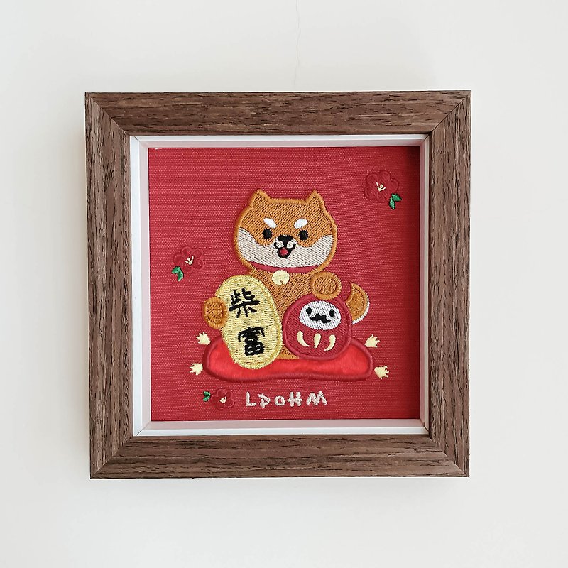 【柴富自由】柴犬 刺繡畫|實木框|附包裝 - 畫框/相架  - 棉．麻 紅色