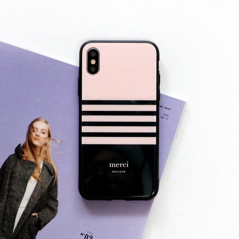 蜜桃黑條紋玻璃手機殼 - 手機殼/手機套 - 塑膠 粉紅色