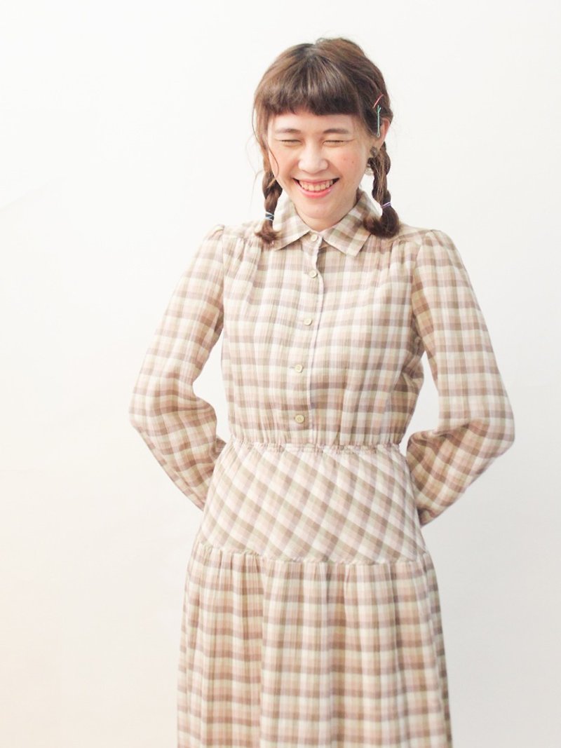 Vintage Early Spring Japanese Cute Sweet Plaid Cotton Long Sleeve Vintage Dress Vintage Dress - One Piece Dresses - Cotton & Hemp Pink