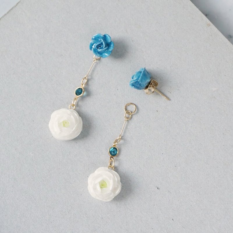 =Flower Piping= Two Way Drop Earrings/ Clip on  Customizable - Earrings & Clip-ons - Clay Blue