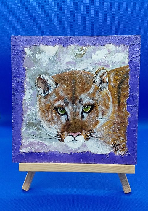CosinessArt Puma. Cat Portrait of wild animals Gift for a child Bright handmade oil painting