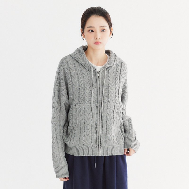 【Simply Yours】Short hooded knitted jacket gray F - สเวตเตอร์ผู้หญิง - วัสดุอื่นๆ สีเทา