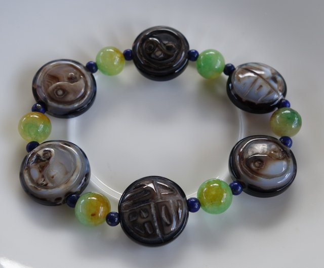 萬字(卍字) 天珠板珠手鍊手圍#17 天然瑪瑙手鐲玉髓手環山奇藝術