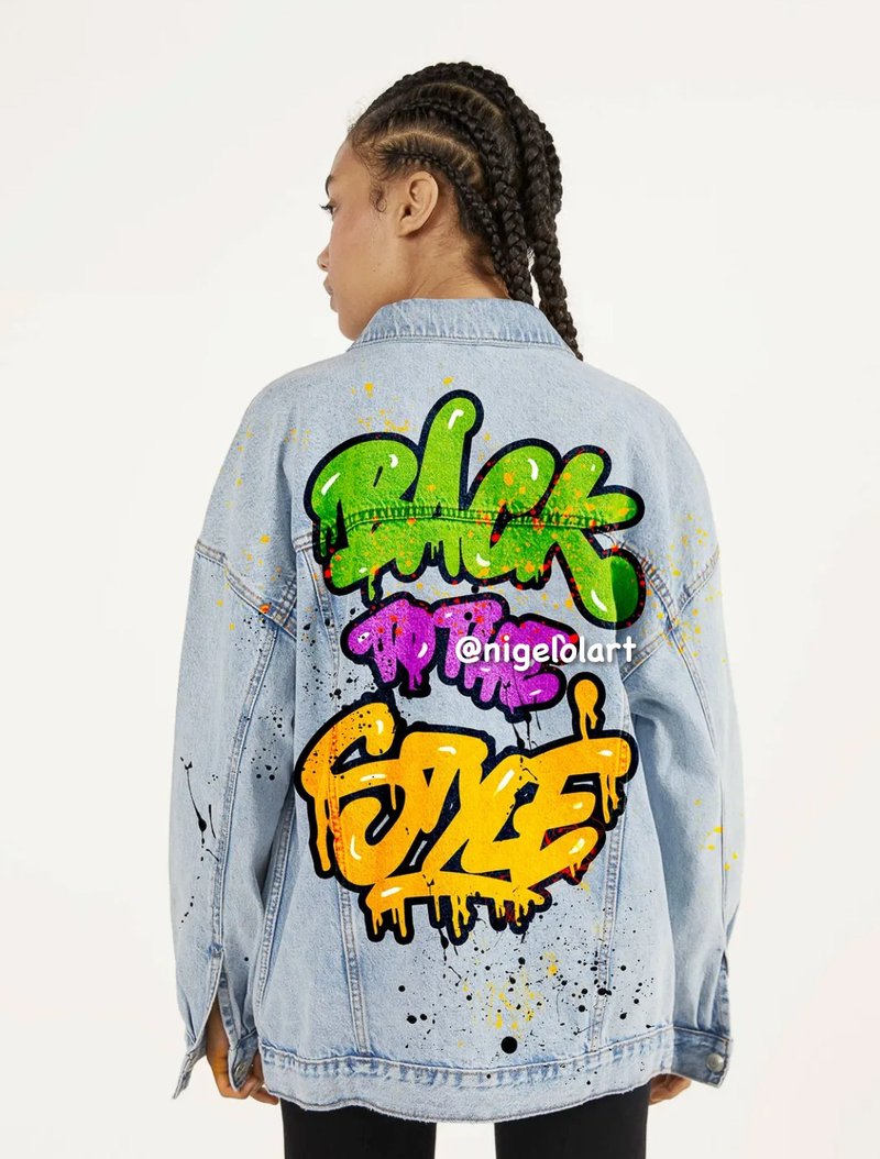 Painted denim jacket quote lettering denim jacket personalized jacket gift ideas - 女大衣/外套 - 棉．麻 多色