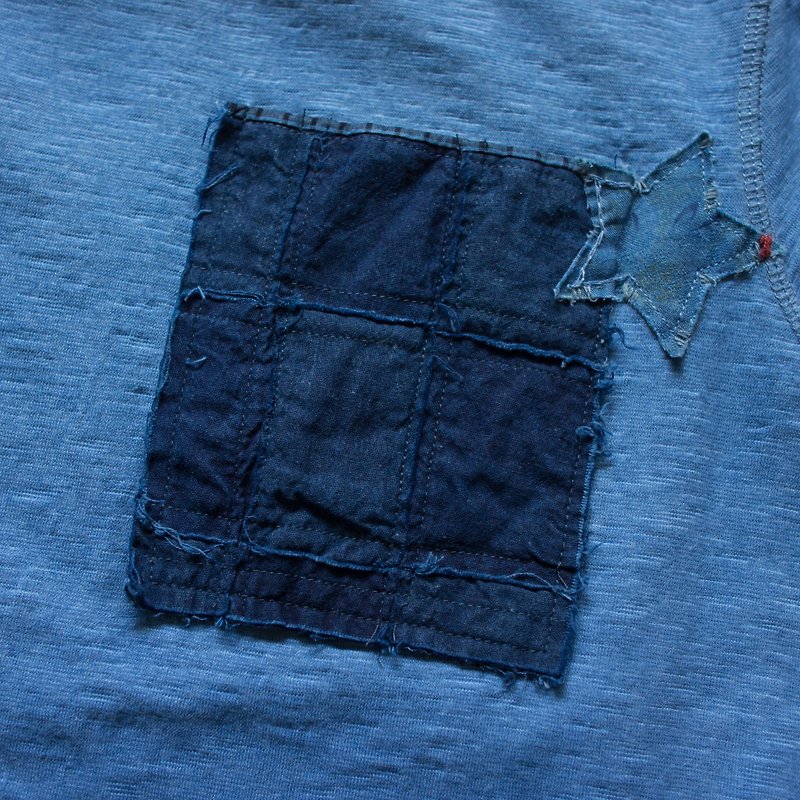 Er are "INDIGO vegetable dyes stars pocket stitching short-sleeved T-shirt MAN07" Size L No. - เสื้อยืดผู้ชาย - ผ้าฝ้าย/ผ้าลินิน สีน้ำเงิน