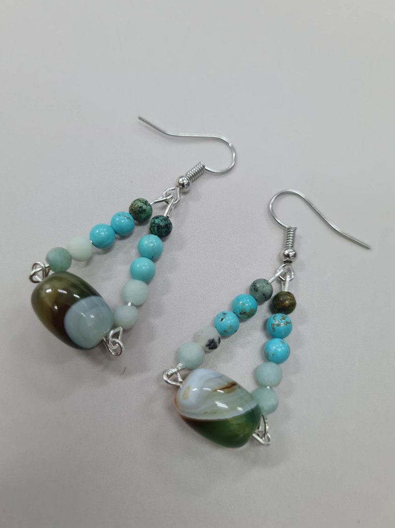 Agate Amazonite and Turqouise Lucky Stone Hook Earrings - 耳環/耳夾/耳骨夾 - 石頭 綠色