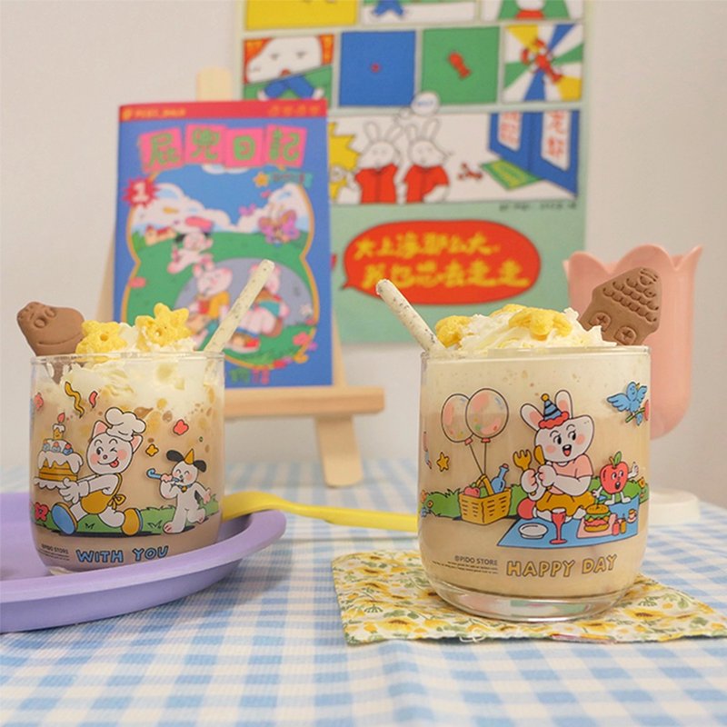 Good friends birthday pair cup cute illustration glasses picnic - แก้ว - แก้ว หลากหลายสี