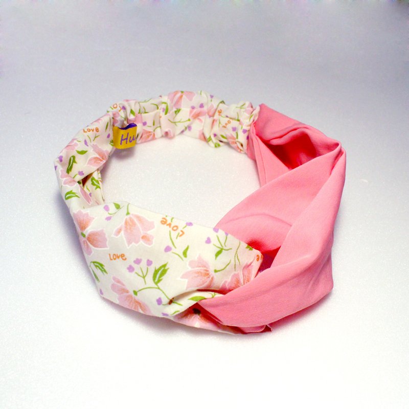 Small floral two-tone elastic hair band - ที่คาดผม - ผ้าฝ้าย/ผ้าลินิน สึชมพู