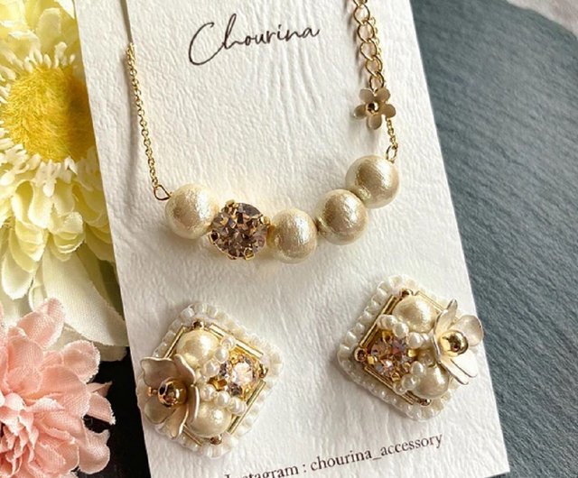 2-piece set white cherry bead embroidery Clip-On, necklace - Shop