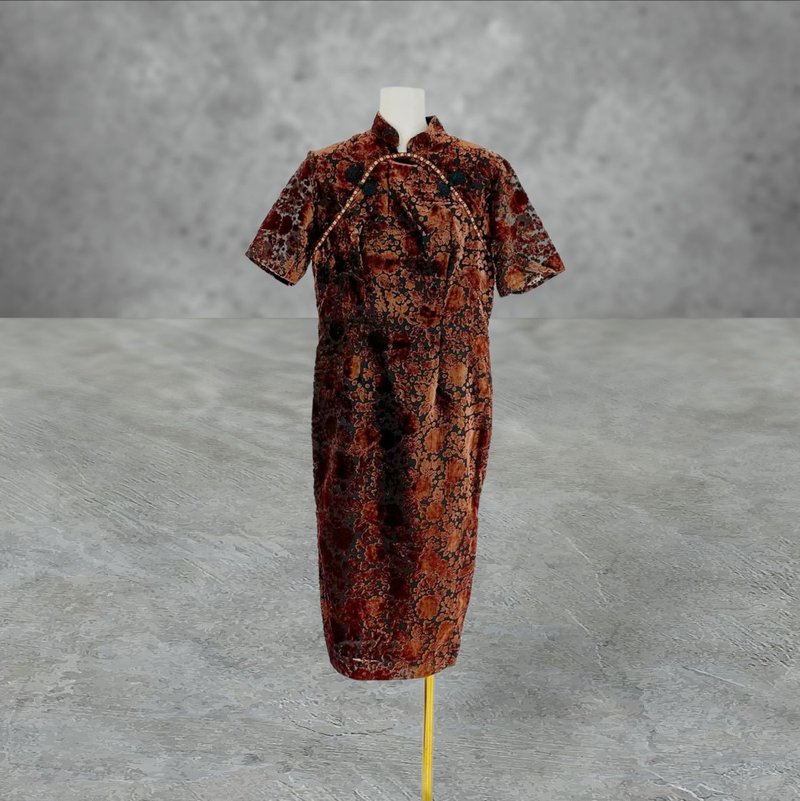 咖啡黑 薄紗 織紋絨 輕薄 拼接 織帶 古董訂製 短袖 旗袍 PF420 - 旗袍/改良式旗袍 - 聚酯纖維 咖啡色