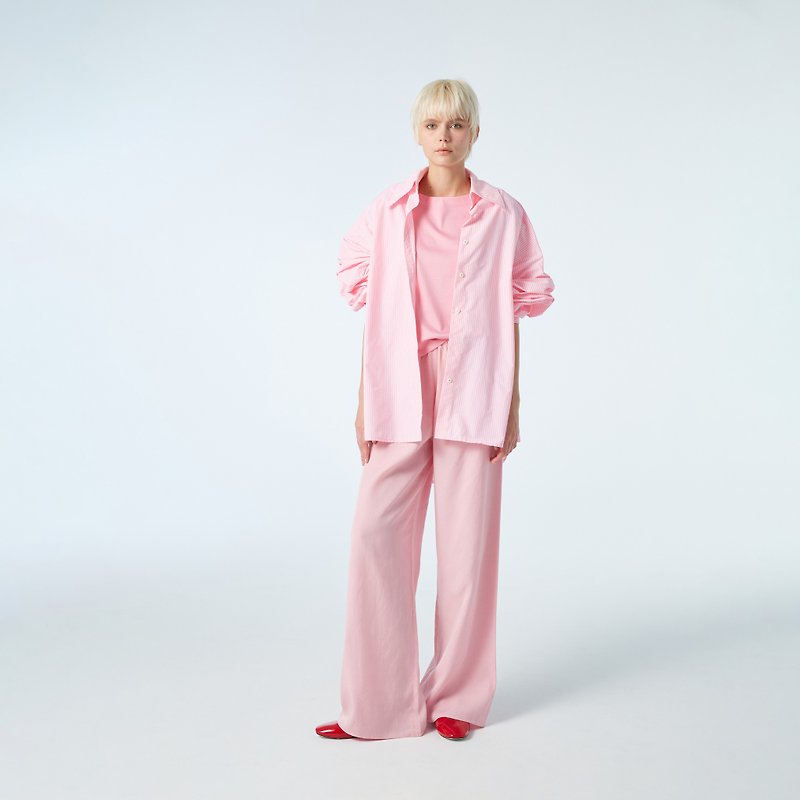 10 MOOn Pink and White Striped Long Sleeve Shirt - เสื้อเชิ้ตผู้หญิง - ผ้าฝ้าย/ผ้าลินิน สึชมพู