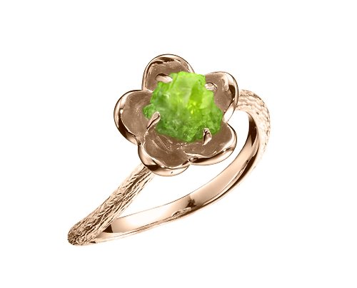 Majade Jewelry Design 橄欖石原石14k金梅花求婚戒指 植物原礦訂婚戒指 立體花朵單石戒