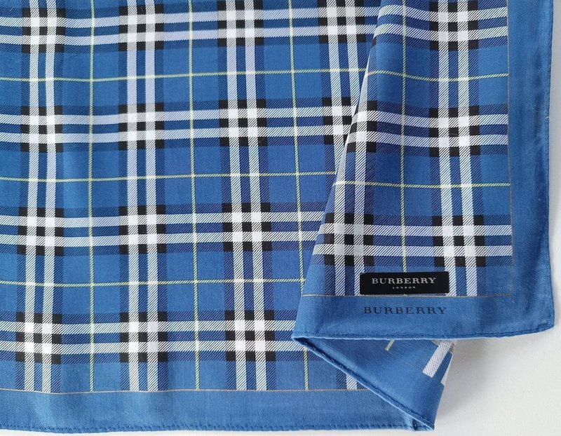 Burberry Vintage Handkerchief Blue Check Plaid - Pocket Square 20 x 19.5 inches - 手帕 - 棉．麻 藍色
