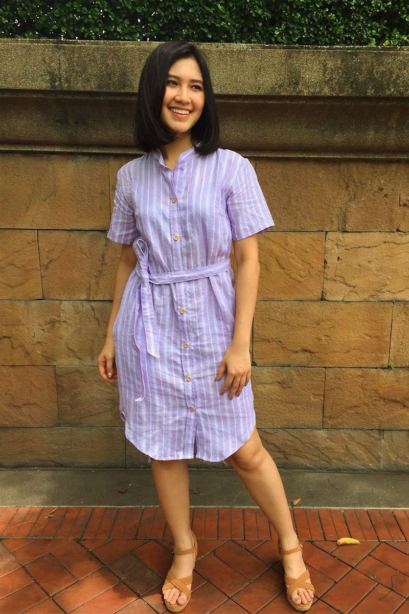 Off-Season Sales - Teresa Purple Striped Linen Shirt Dress - One Piece Dresses - Linen Purple