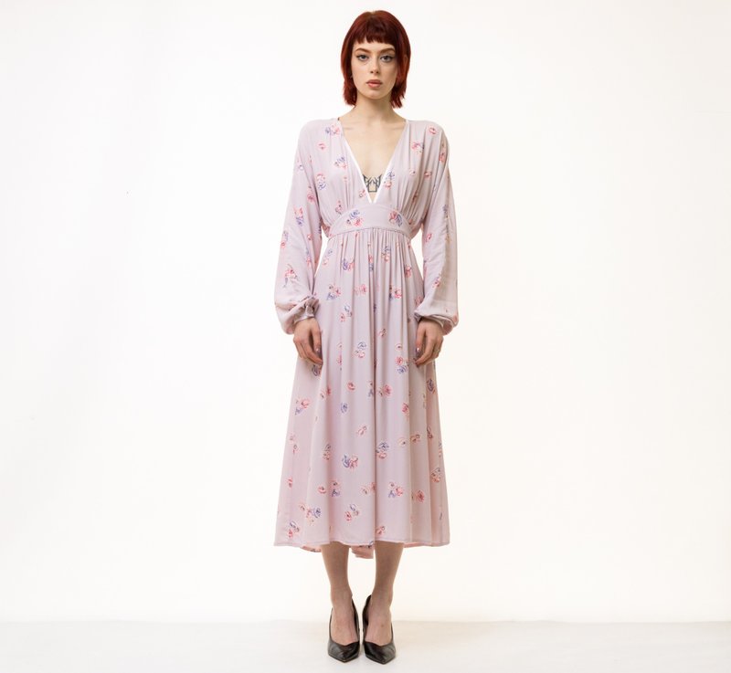 70s Vintage Floral Beige Pattern Bohemian Maxi Dress 5233 - 洋裝/連身裙 - 聚酯纖維 粉紅色