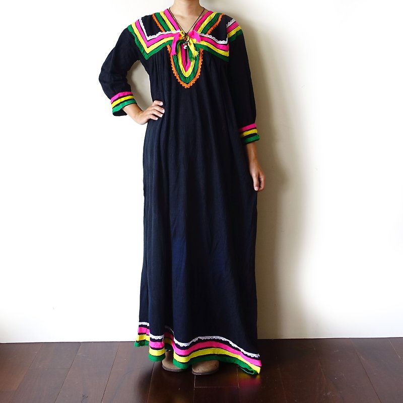 BajuTua/古著/La fiesta 墨西哥彩色條紋慶典禮服 - 連身裙 - 聚酯纖維 黑色